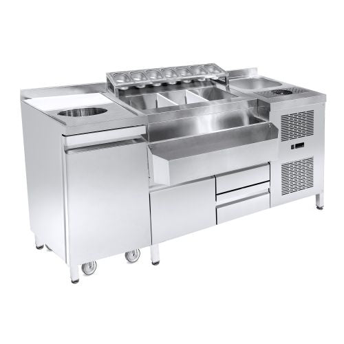 COCKTAILS BAR STATION RÉFRIGÉRÉE INCL. ÉVIER, LAVE-VERRES, BACS GN, SPEEDRAIL PORTE-BOUTEILLES, PLANCHE À DÉCOUPER ET POUBELLE - 7083.0050 - COMBISTEEL
