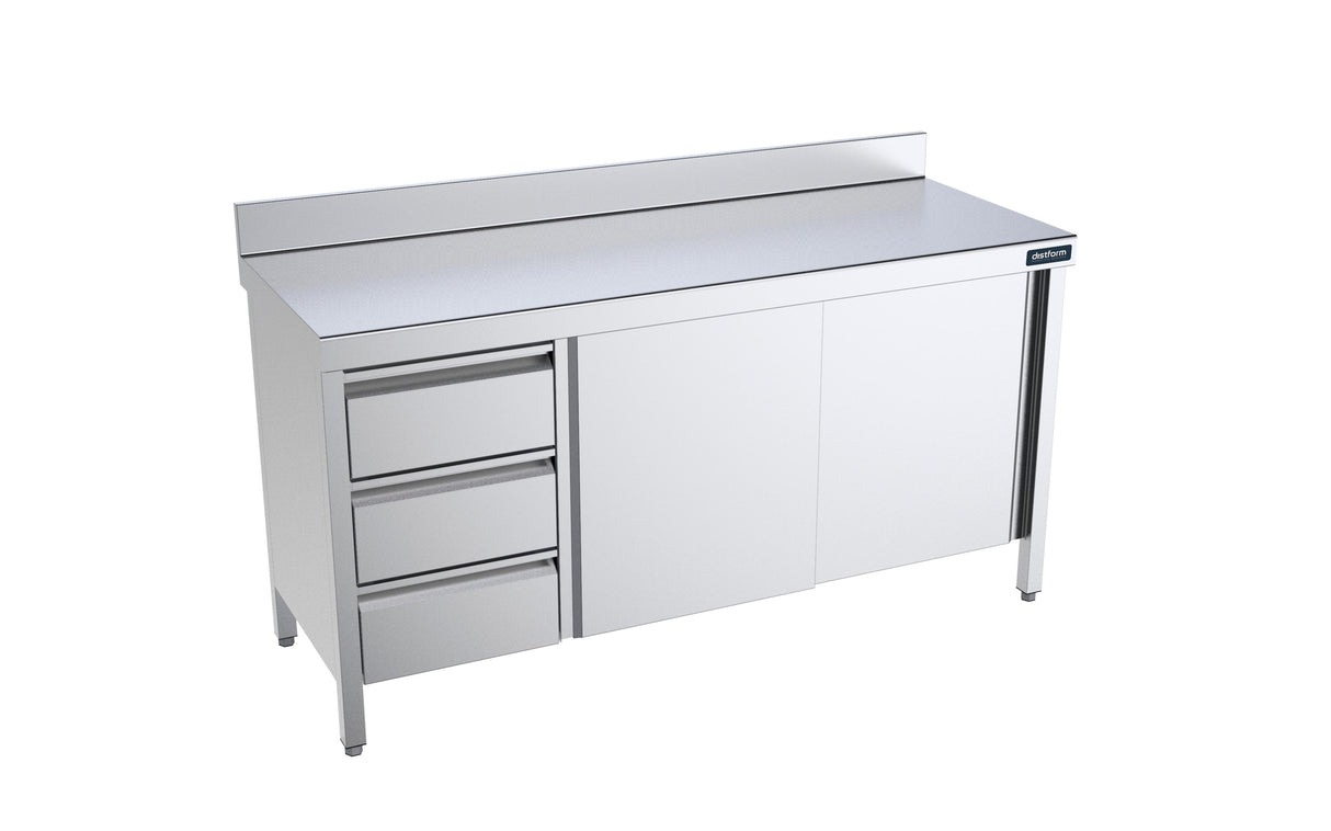 Table adossée 2400x600 avec portes et module de tiroirs à gauche- DISTFORM - FMPBI624