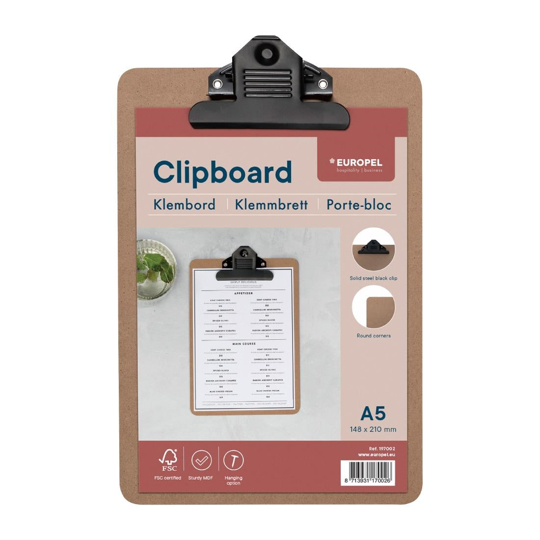 Porte-bloc panneau en fibre de bois Europel A5 portrait 148 x 210 mm