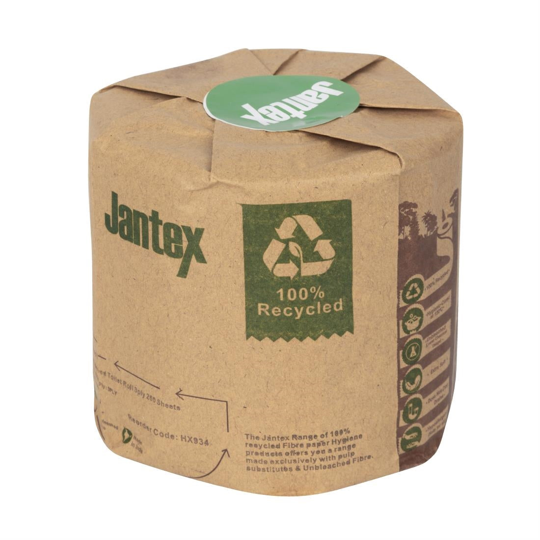 Rouleaux de papier toilette emballés Jantex Green 100 % recyclé 3 plis 260 feuilles (lot de 36)