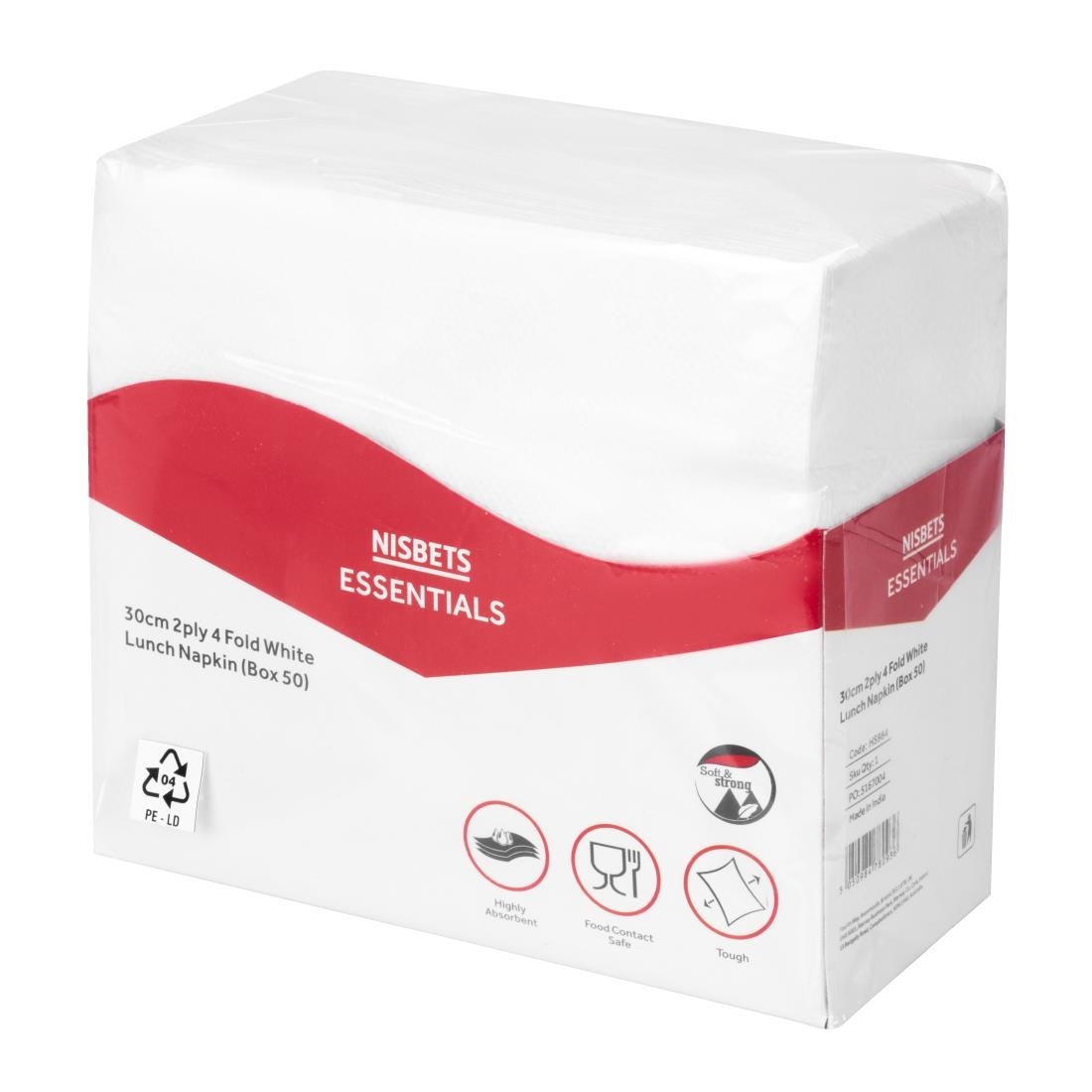 Serviettes déjeuner 2 plis Nisbets Essentials blanches pliées en 4 (lot de 50)