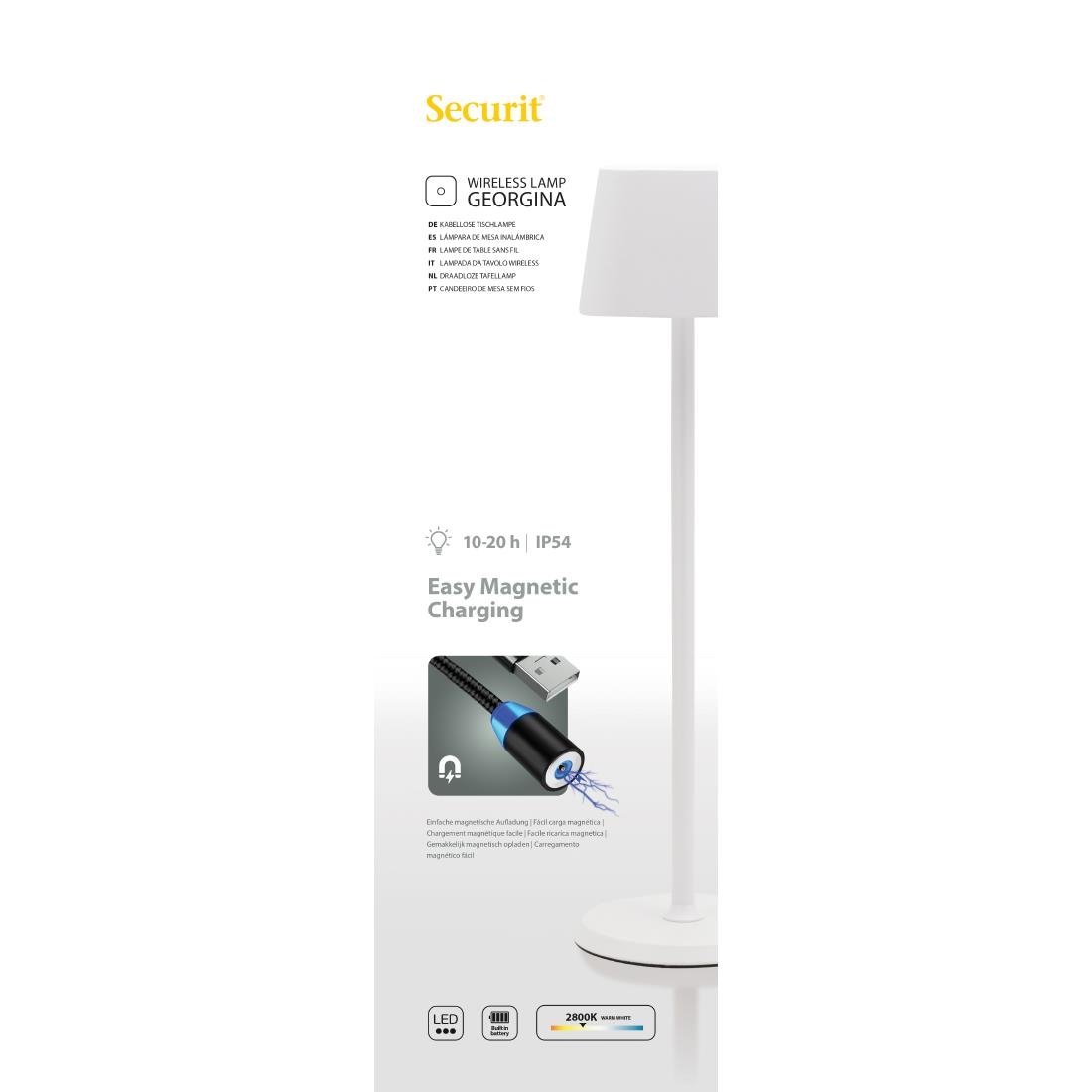 Lampe de table LED sans fil blanche à intensité variable Securit Georgina avec câble de chargement magnétique - NISBETS
