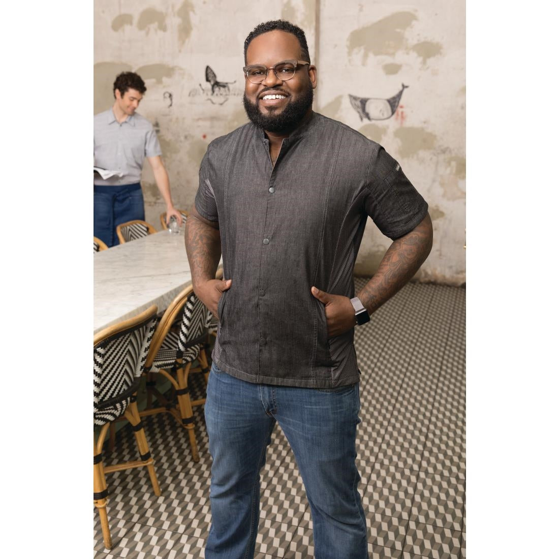 Veste mixte à boutons pression manches courtes Chef Works Tribeca denim noir S - NISBETS