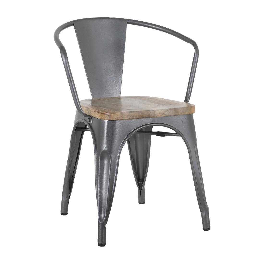 Fauteuils gris acier à dossier incurvé avec assise en bois Bolero Bistro (lot de 4) - NISBETS