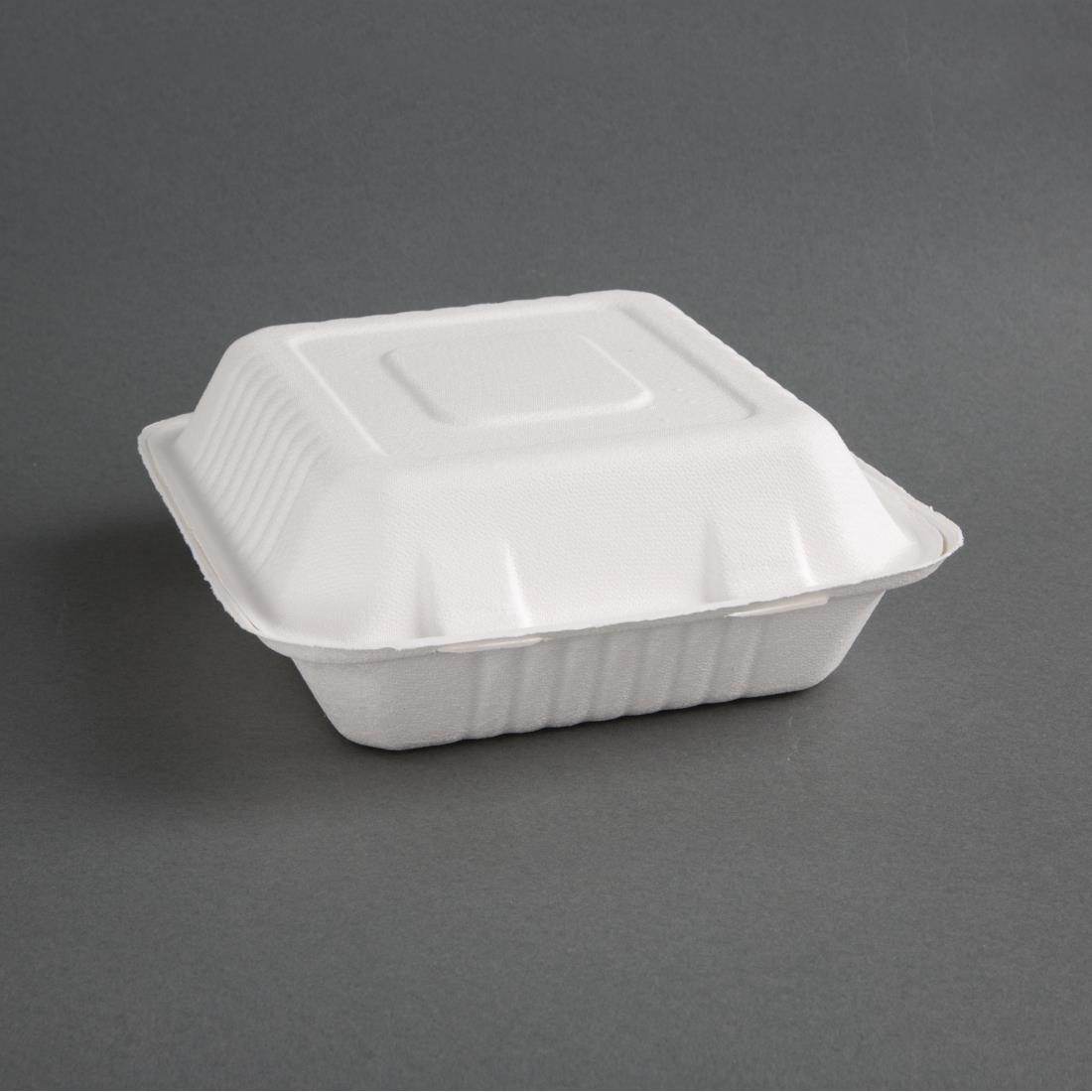 Boîtes 2 compartiments avec couvercle à charnière compostables en bagasse coloris naturel Fiesta Compostable 253mm (lot de 200)