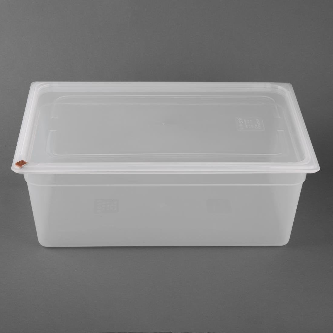 Bacs PP Hygiplas Click GN 1/1 avec couvercles et 7 clips de couleur 200mm 25,6L (lot de 2) - NISBETS