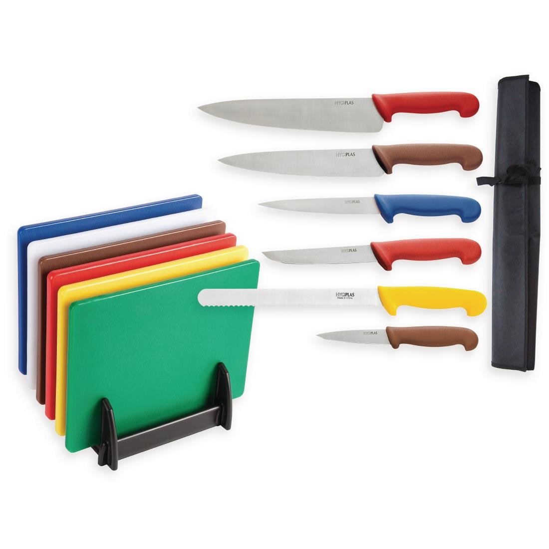 Offre spéciale : Ensemble Hygiplas de planches à découper en polyéthylène basse densité et couteaux (lot de 6 planches et 6 couteaux) - NISBETS