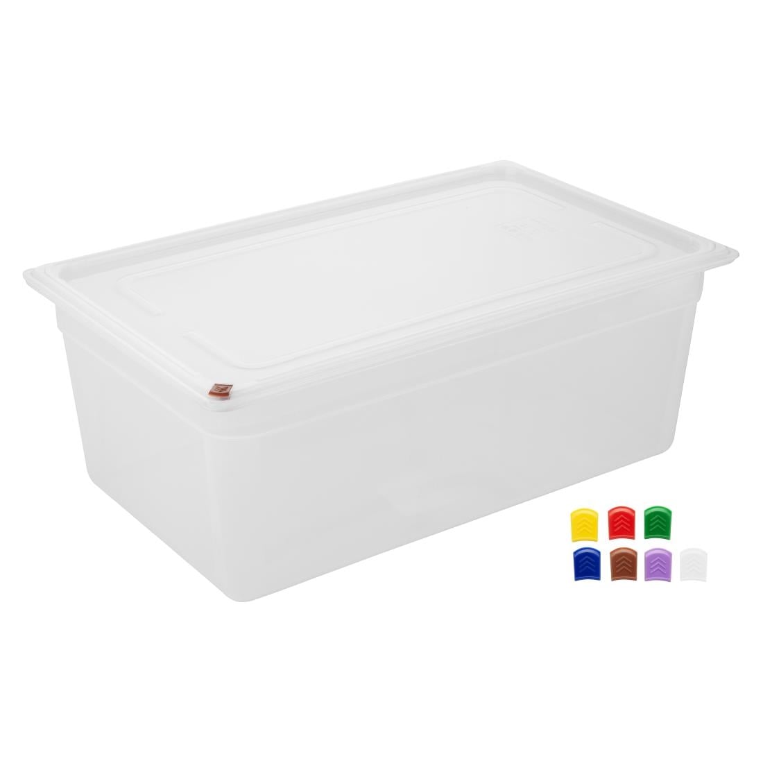 Bacs PP Hygiplas Click GN 1/1 avec couvercles et 7 clips de couleur 200mm 25,6L (lot de 2) - NISBETS