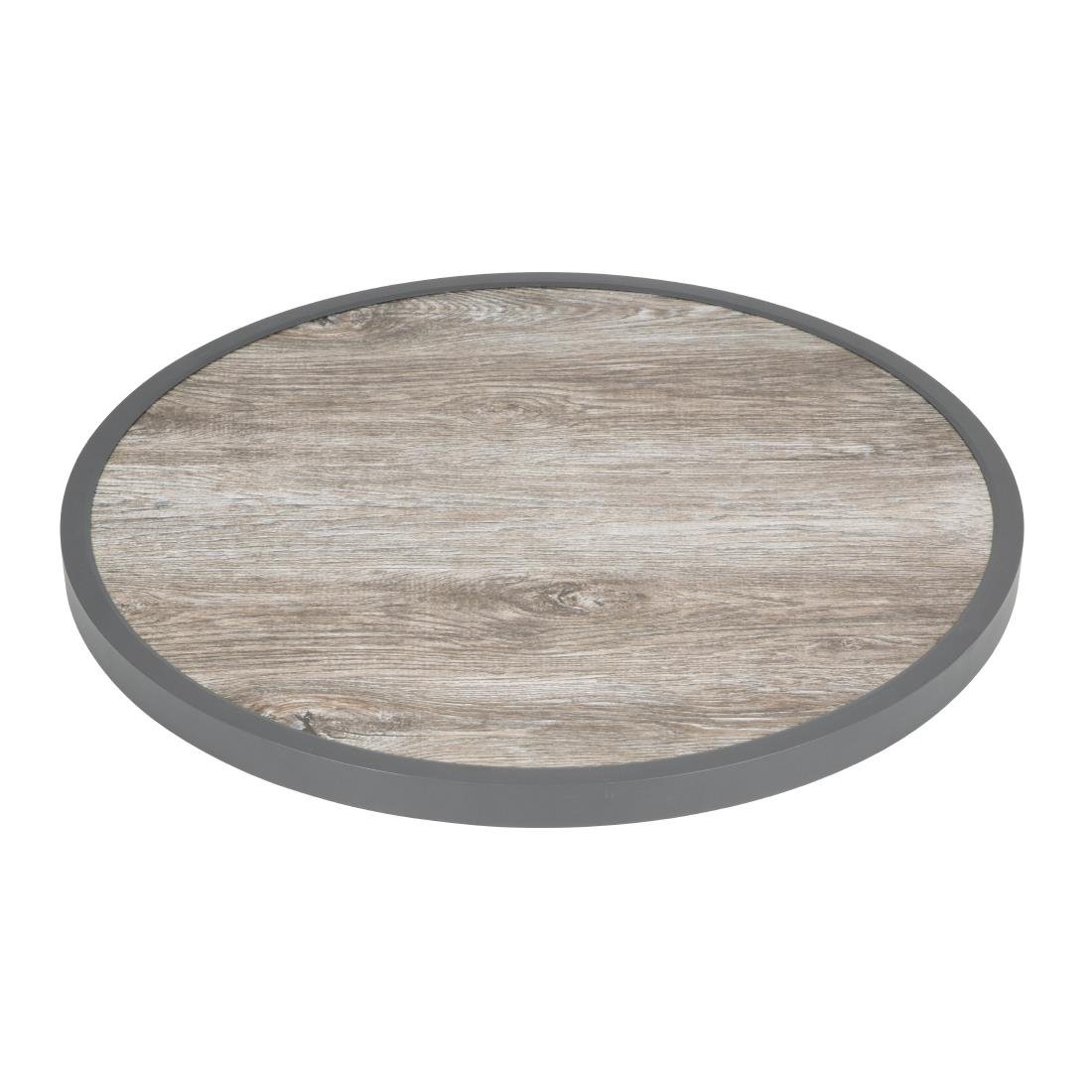 Plateau de table extérieur rond en verre trempé Bolero effet grain de bois bord gris 580mm