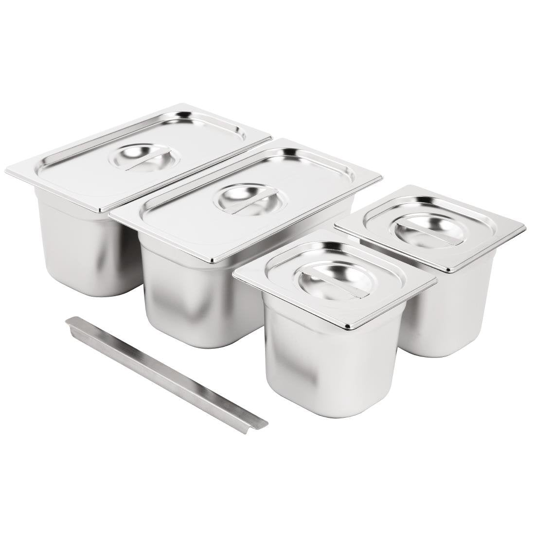 Ensemble de bacs GN 2x 1/3 et 2 x 1/6 en inox avec couvercles Vogue - NISBETS