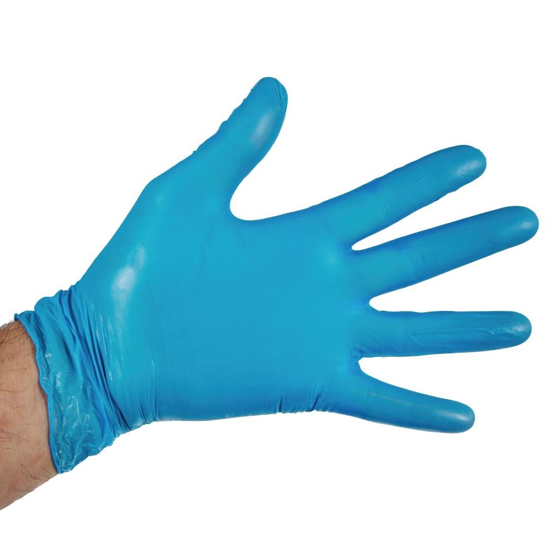 Gants alimentaires en vinyle non poudrés Hygiplas bleus (Lot de 100) - Taille L