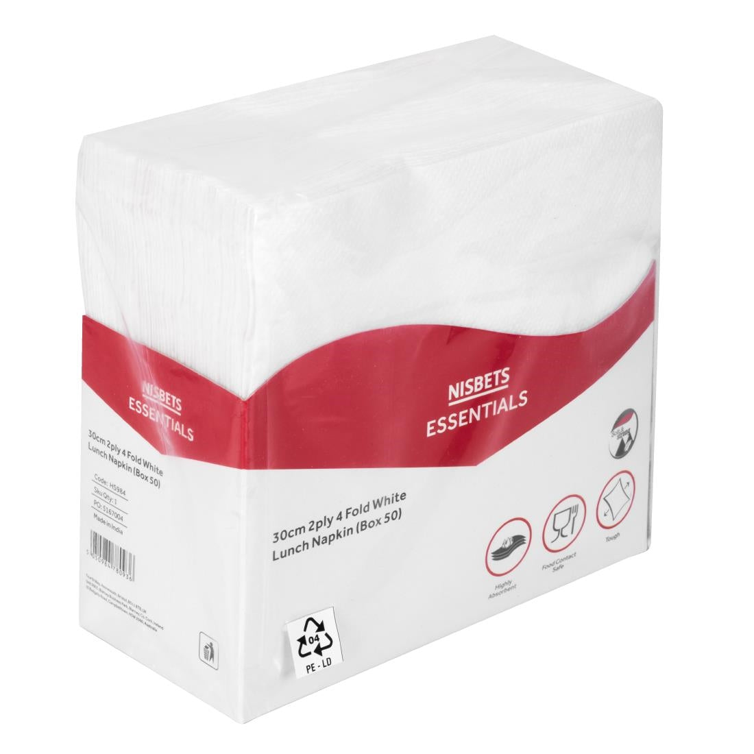 Serviettes déjeuner 2 plis Nisbets Essentials blanches pliées en 4 (lot de 50)