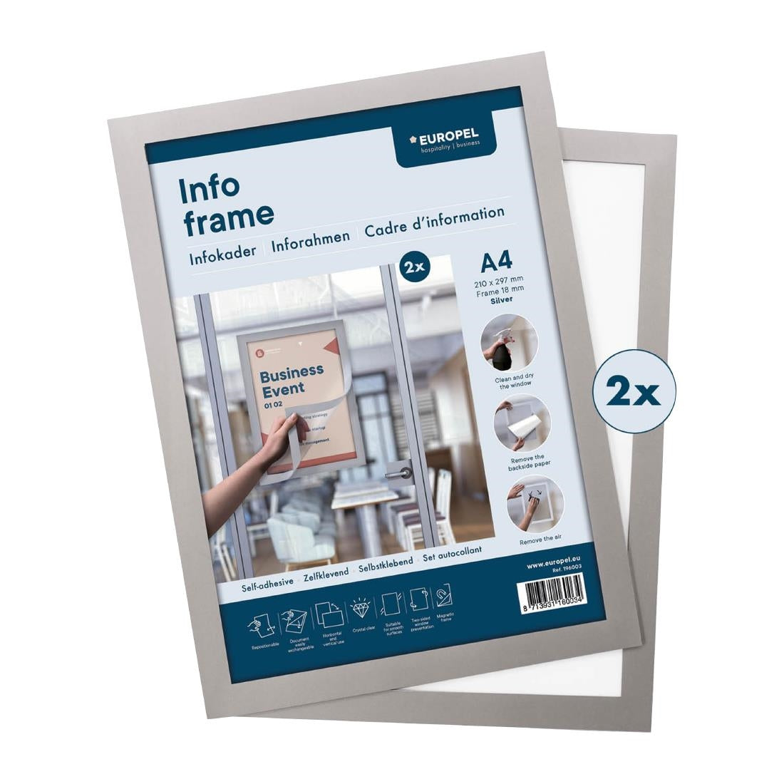 Cadres d'affichage autocollants Europel A4 argent (lot de 2)