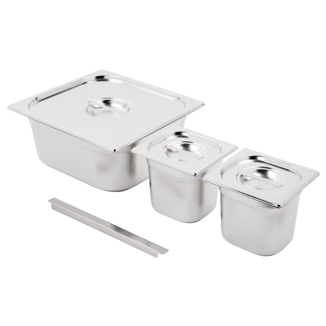 Ensemble de bacs GN 2 x 1/6 et 2/3 inox avec couvercles Vogue - NISBETS