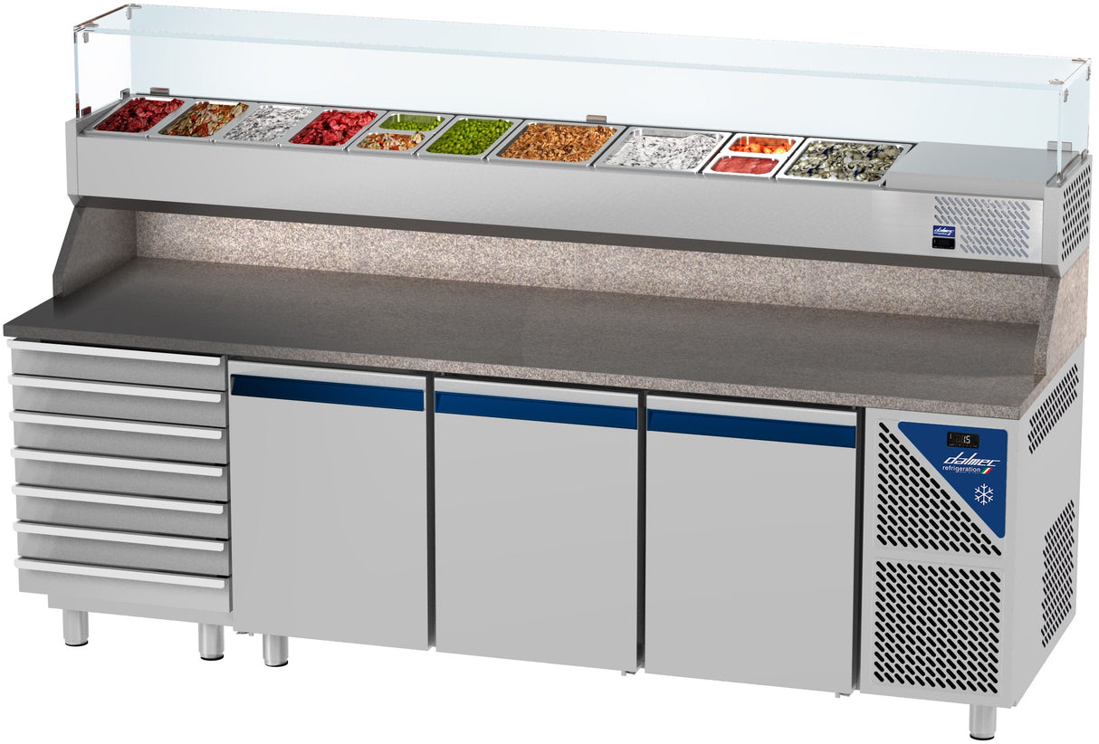 Table à pizza positive 0/+10°C - 606 L - 3 portes pleines - Prof. 800 - 600 x 400 - 7 tiroirs - PZ8037T14-3 - Dalmec