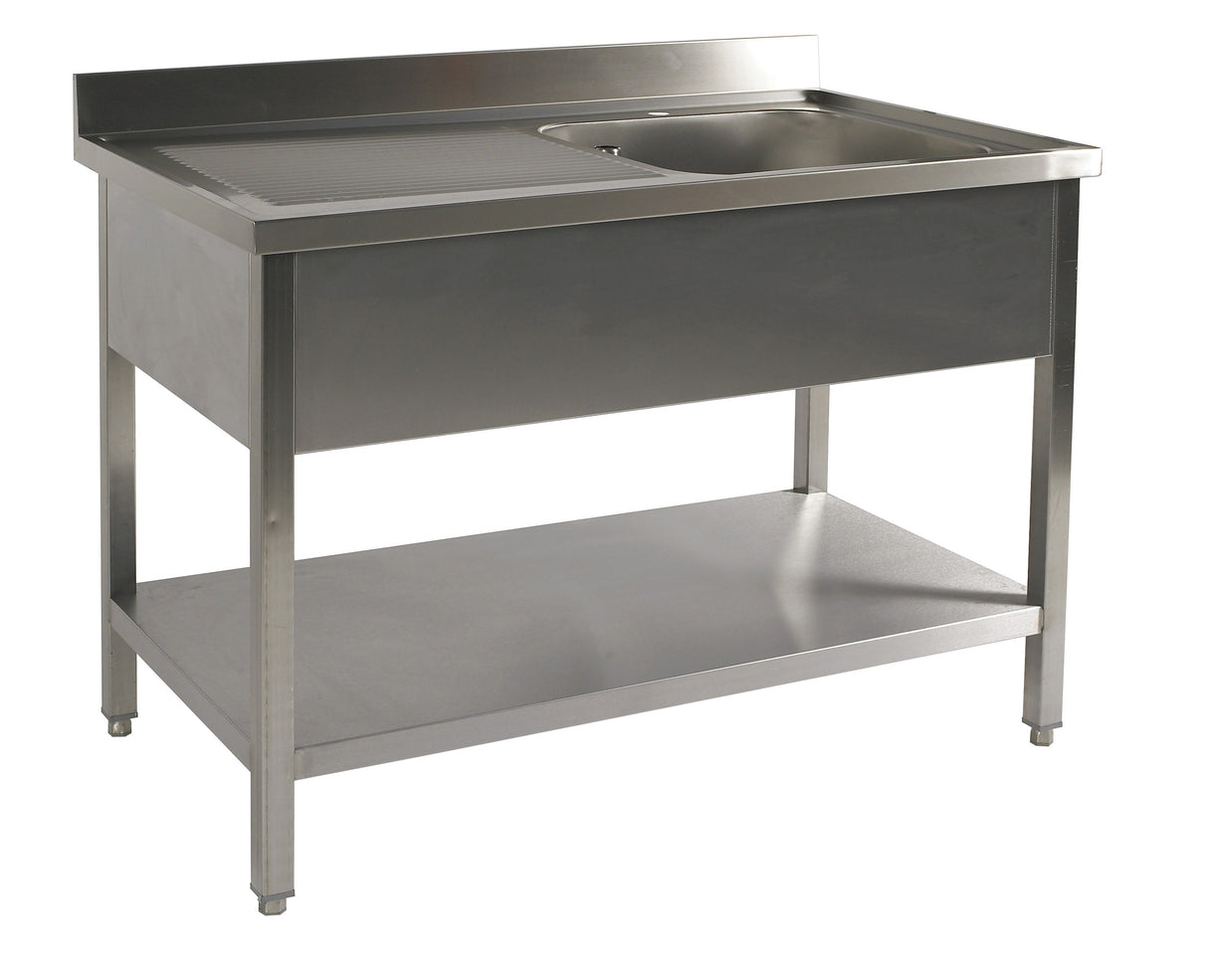 Table du chef adossée inox avec étagère profondeur 700 mm - Bac à droite - Longueur 1400 mm - TACFD714ET - Nosem