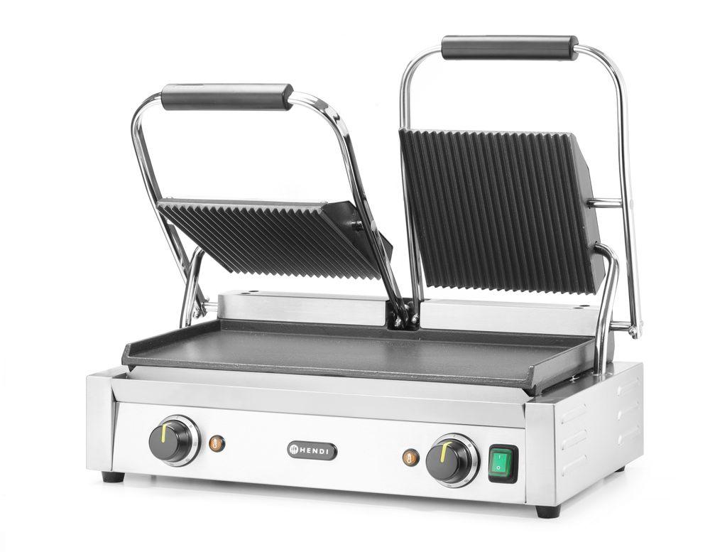 Grill de contact - modèle double, HENDI, dessus rainuré et dessous lisse, 230V/3600W, 570x370x(H)210mm