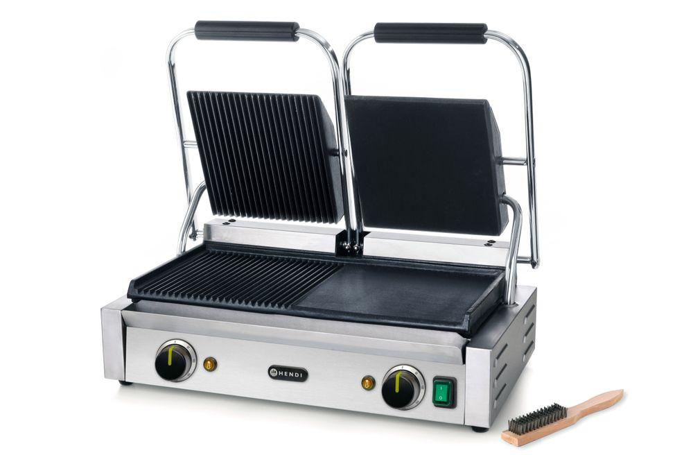 Grill de contact - modèle double, HENDI, moitié lisse, moitié rainuré, 230V/3600W, 570x370x(H)210mm