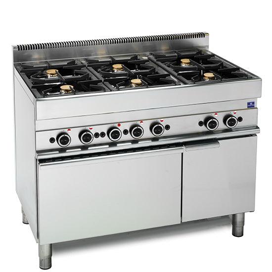 cuisinière à gaz, 6 brûleurs, 1 four à gaz, 1 armoire fermée