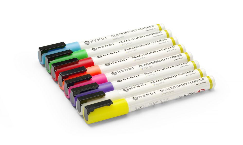 Feutres à craie 3 mm, HENDI, 1 blanc, 1 rouge, 1 bleu, 1 vert, 1 jaune, 1 violet, 1 orange et 1 rose