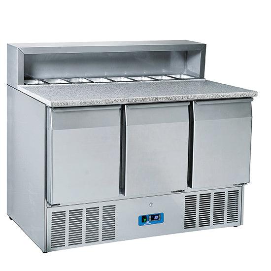 table à pizza avec 3 portes GN 1/1, 8x GN 1/6 h=150 mm, 0°/+8°C