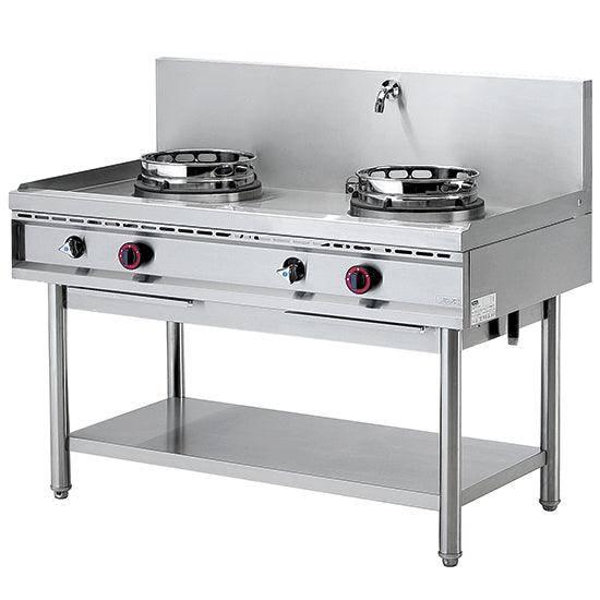 plan de cuisson wok à gaz avec étagère, 2 brûleurs, 1 robinet pour l'eau