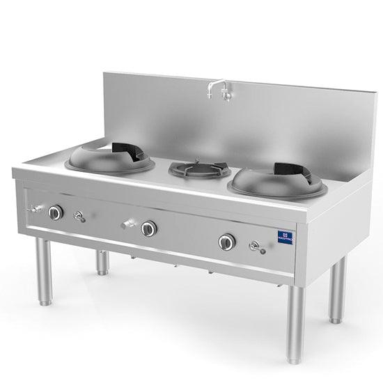 Plan de cuisson wok à gaz avec 2 brûleurs 27,5 kW + 1 brûleur soupe 9,2 kW, 1 robinet pour l'eau
