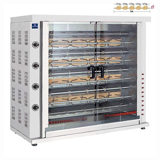 Rôtissoire à poulets à gaz avec éclairage, 9 broches pour 36-45 poulets