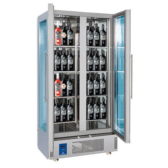 Présentoir réfrigéré pour vins à île avec 4 portes, 128 bouteilles, +4°/+14°C