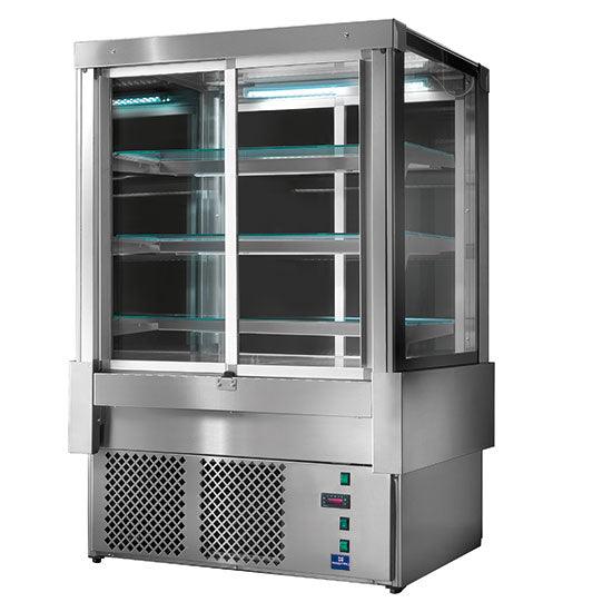 Comptoir réfrigéré ventilée avec 4 portes coulissantes et 3 étagères, +3°/+5°C, l=1200 mm - RAL9005