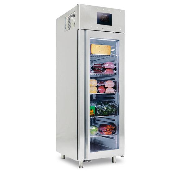 Réfrigérateur 700 litres en inox GN 2/1 avec porte en verre, -2°/+8°C, isolation 85 mm - WiFi