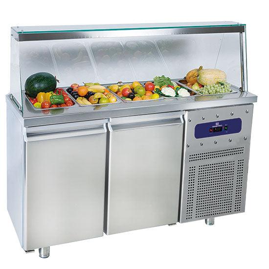 Saladette avec 2 portes GN 1/1 et structure en verre, 4x GN 1/1 h=150 mm, -2°/+8°C