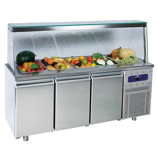 Saladette avec 3 portes GN 1/1 et structure en verre, 5x GN 1/1 h=150 mm, -2°/+8°C
