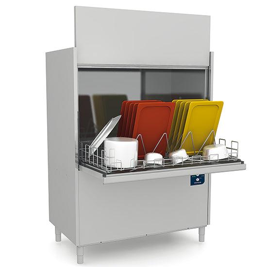 Lave-batterie électronique avec doseur de détergent et pompe de décharge, panier 132x70 cm, h=80 cm