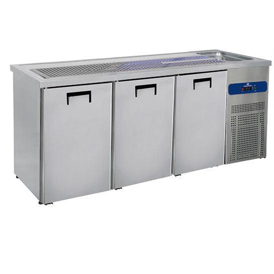 Le comptoir à bière avec 1 bac à droite et 3 portes pour les fûts de bière 50 litres