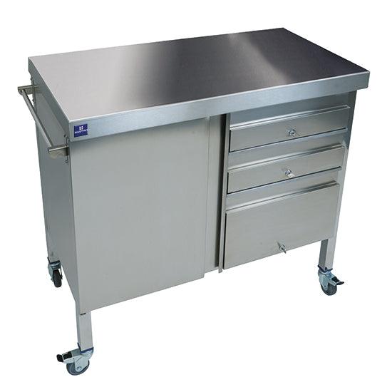 Station de serveurs sur roues en acier inoxydable avec 1 porte et 3 tiroirs