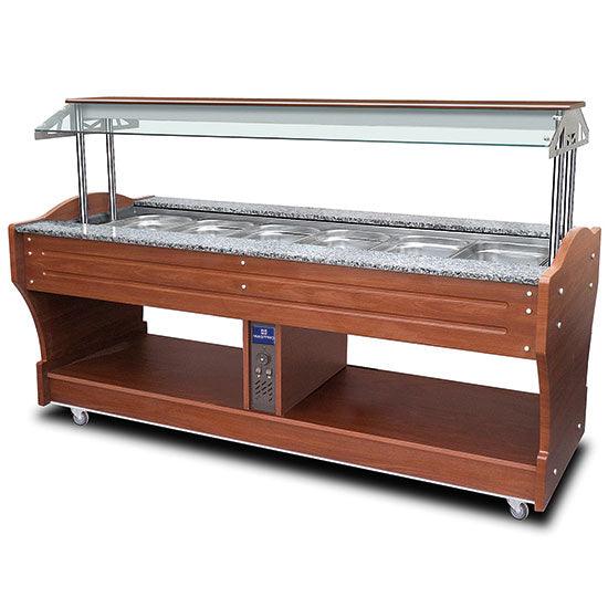 buffet bain-marie à île, 6x GN 1/1 h=150 mm, hotte pas abaissable