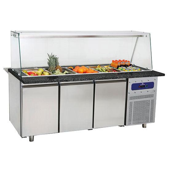 table de préparation réfrigérée avec 3 portes et structure en verre, 5x GN 1/1 h=150 mm