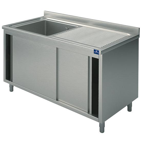 plonge sur armoire, 1 bac, égouttoir à droite, avec portes coulissantes, 1000x700 mm