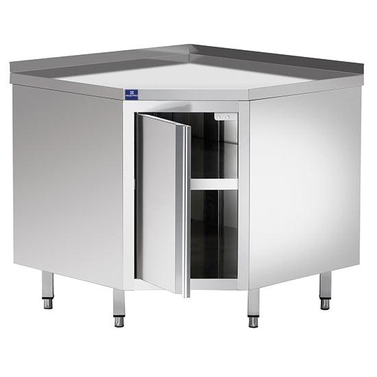 table armoire basse neutre, a angle, avec porte battante, avec dosseret, 1000x700 mm