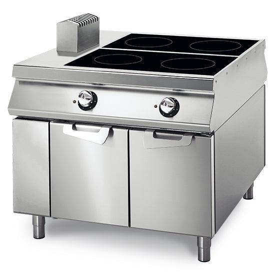 Plaque vitroceramique avec 4 plaques sur coffre avec portes, tableau de contrôle sur deux côtès