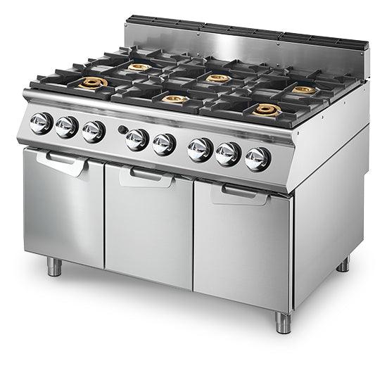 Cuisinière gaz avec 2 brûleurs chacun 16 kW et 4 brûleurs chacun 6 kWsur coffre 3 portes