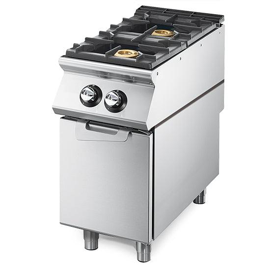 Cuisinière à gaz à 2 brûleurs sur soubassement avec portes, plateau de travail emboutie