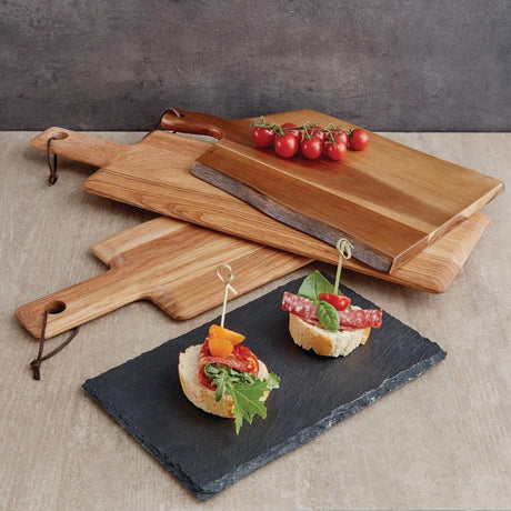 Grande planche en acacia bords ondulés Olympia 355x250x15mm manche 85mm - FRANCE CHR