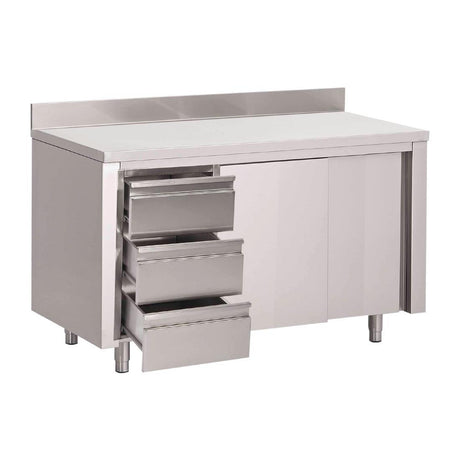 Table armoire inox avec dosseret 3 tiroirs à gauche et portes coulissantes Gastro M 880x1200x700mm - FRANCE CHR