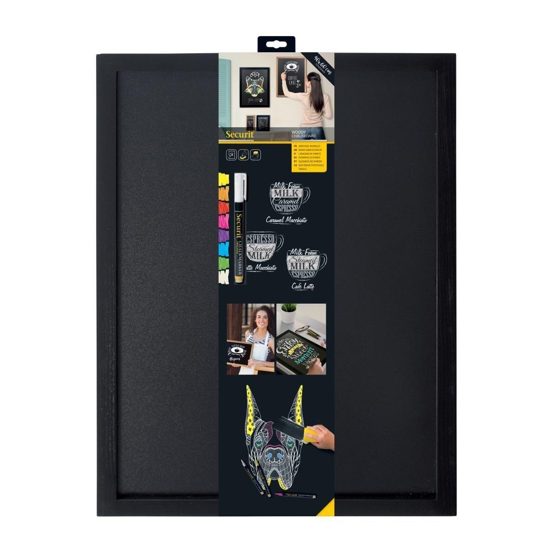 Ardoise murale cadre en bois noir avec feutre craie et fixations Securit 40x60cm - FRANCE CHR