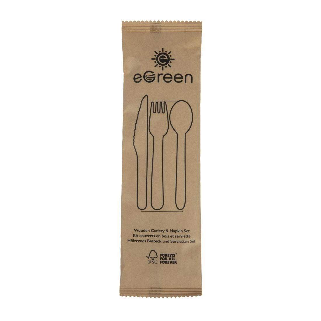 Ensembles de couverts en bois 4-en-1 emballages individuels kraft eGreen (lot de 250) - FRANCE CHR