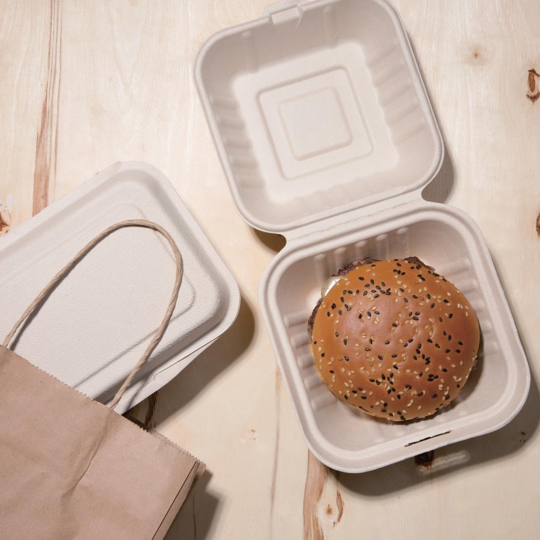 Boîtes hamburger compostables en bagasse coloris naturel Fiesta Compostable 152mm (lot de 500) - FRANCE CHR