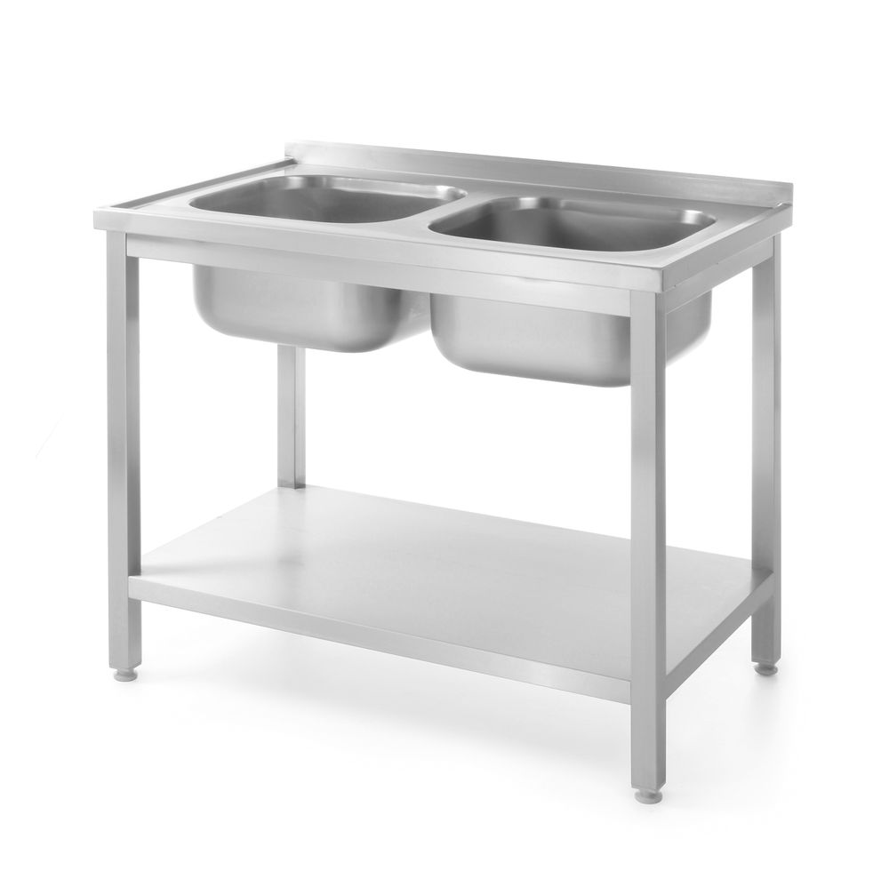 Table avec 2 éviers et étagère – vissée, profondeur 600 mm - HENDI