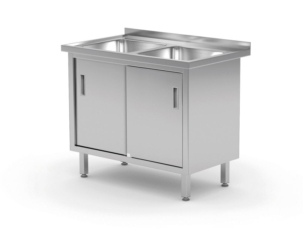 Table avec 2 éviers, placard – soudée, avec portes coulissantes - HENDI